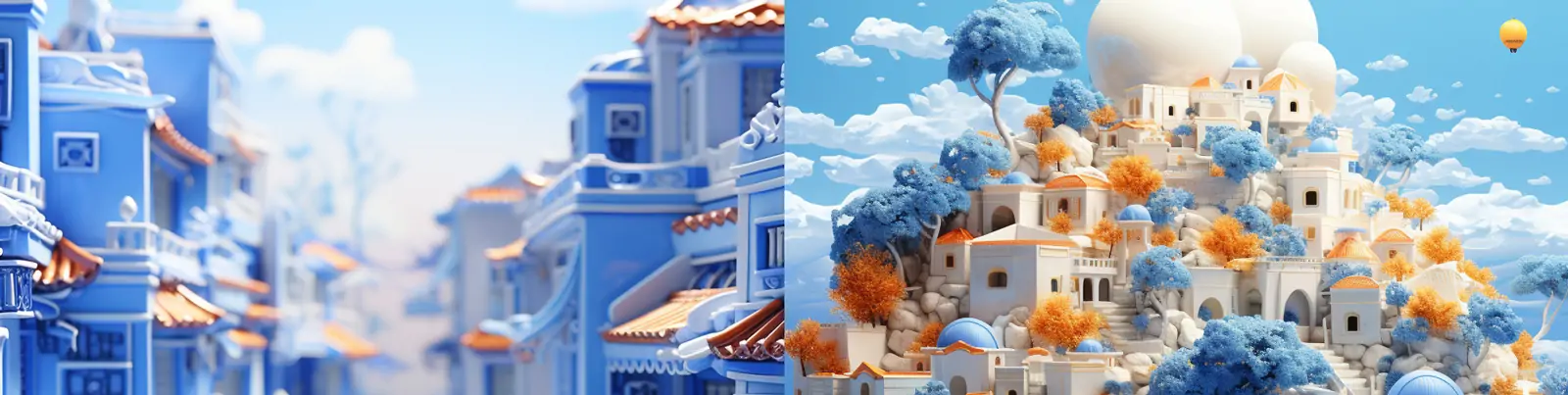 创意超现实中国风青花瓷3D立体城市街道建筑立体模型景观海报midjourney关键词咒语