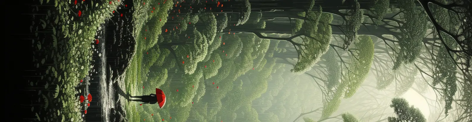 手绘绿色森林鲜花植物树木神秘场景艺术绘画插图海报背景midjourney关键词咒语分享