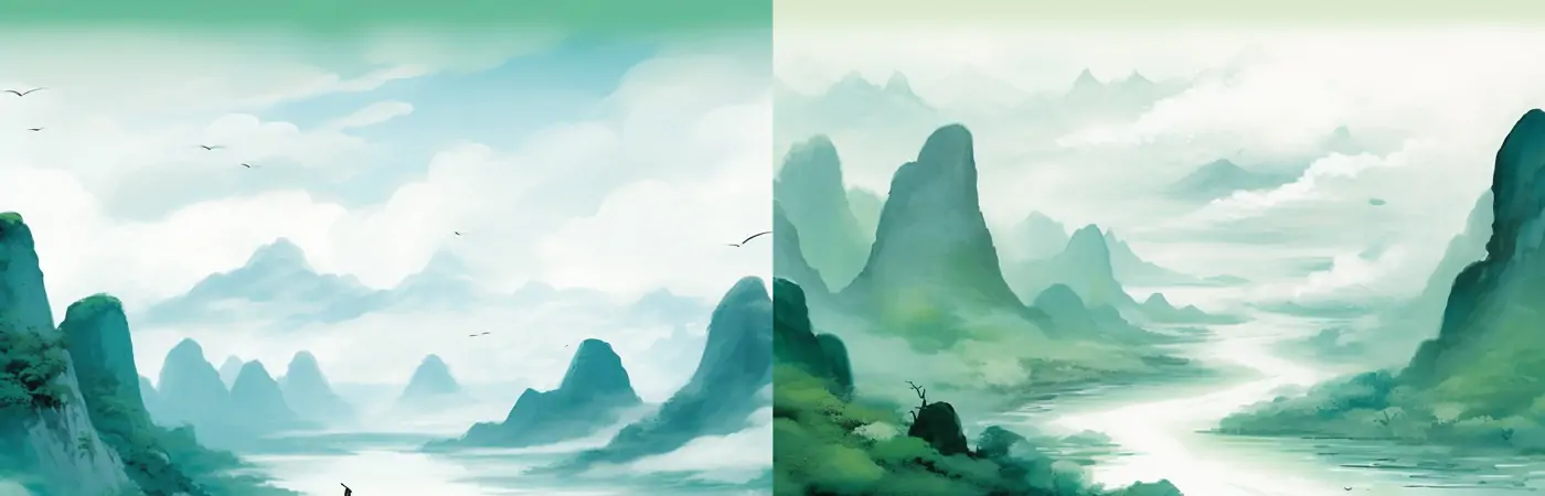 中国风古典山水水墨画国画古风意境Midjourney关键词提示词咒语：