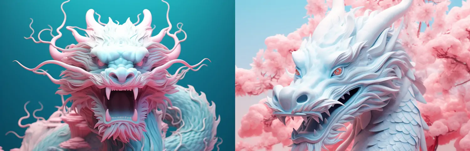 粉龙之梦C4D风格透明塑料黏土中国龙动物Midjourney关键词提示词咒语