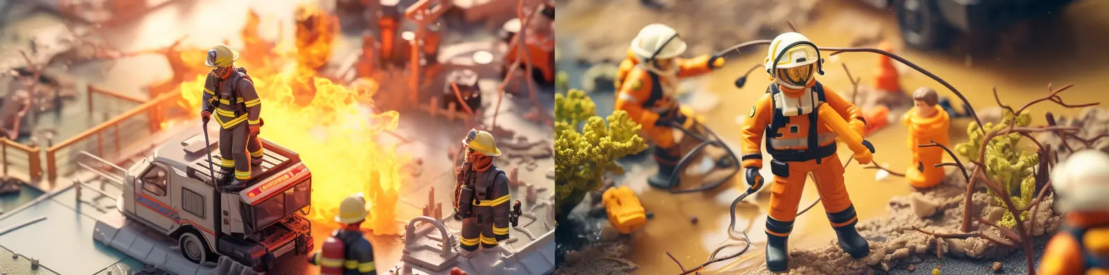 创意迷你微观火灾救援现场消防员人物灭火场景摄影海报midjourney关键词咒语分享