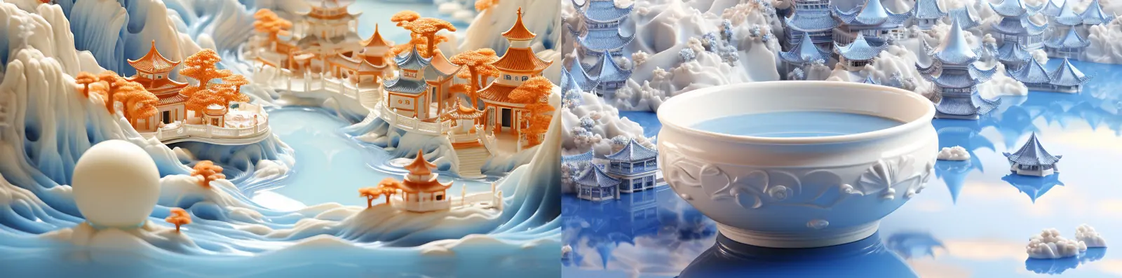 创意超现实中国风青花瓷3D立体城市街道建筑立体模型景观海报midjourney关键词咒语