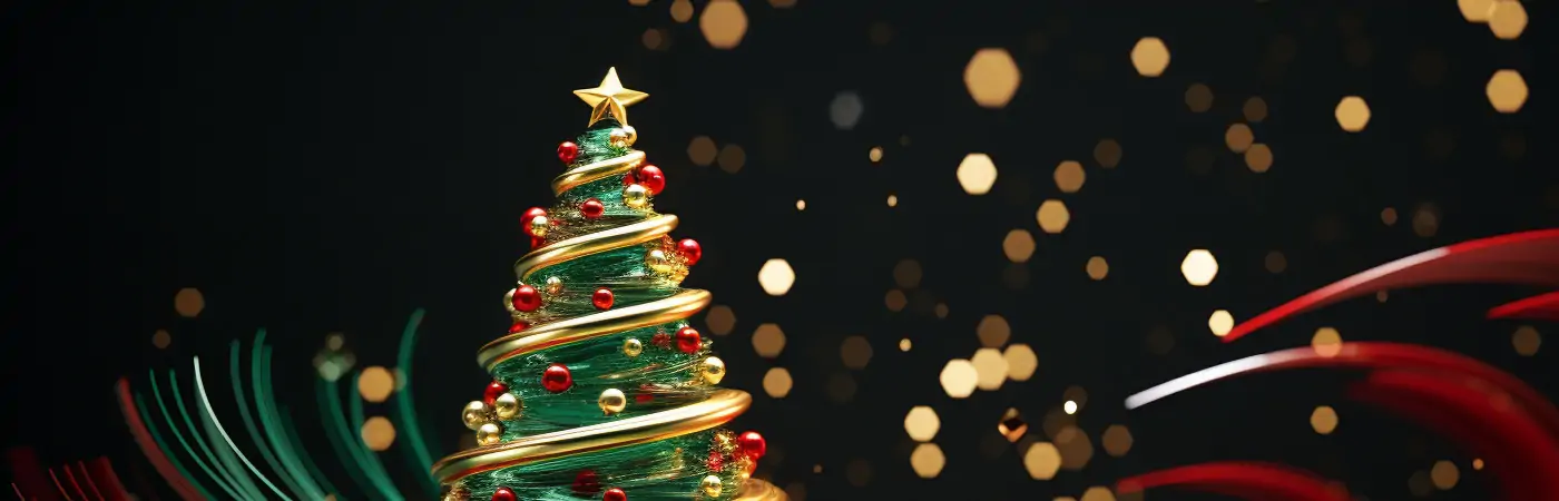 绿色圣诞节圣诞树礼物金色丝带装饰舞台空间杂志摄影封面海报背景midjourney关键词咒语