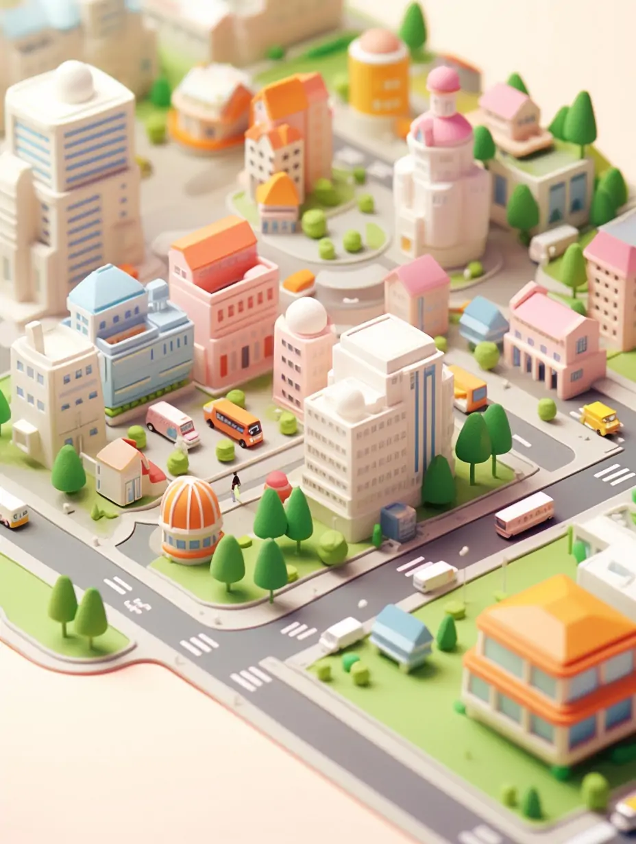 创意3D立体微观粘土世界可爱现代城市建筑等距插图海报midjourney关键词咒语-Ai宇宙吧-