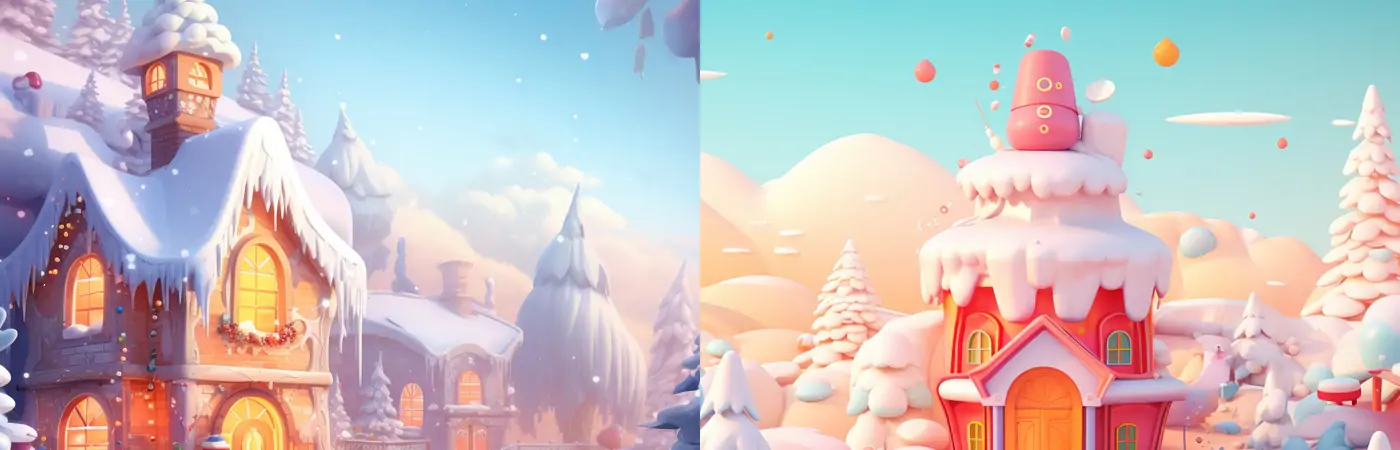可爱卡通圣诞屋冬季冬天圣诞节贺卡海报设计背景Midjourney关键词提示词咒语