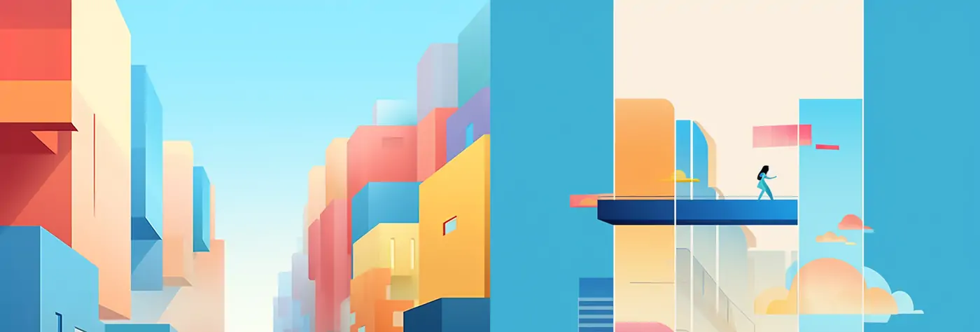 极简主义扁平化城市建筑彩色渐变抽象艺术空间海报背景midjourney关键词咒语分享