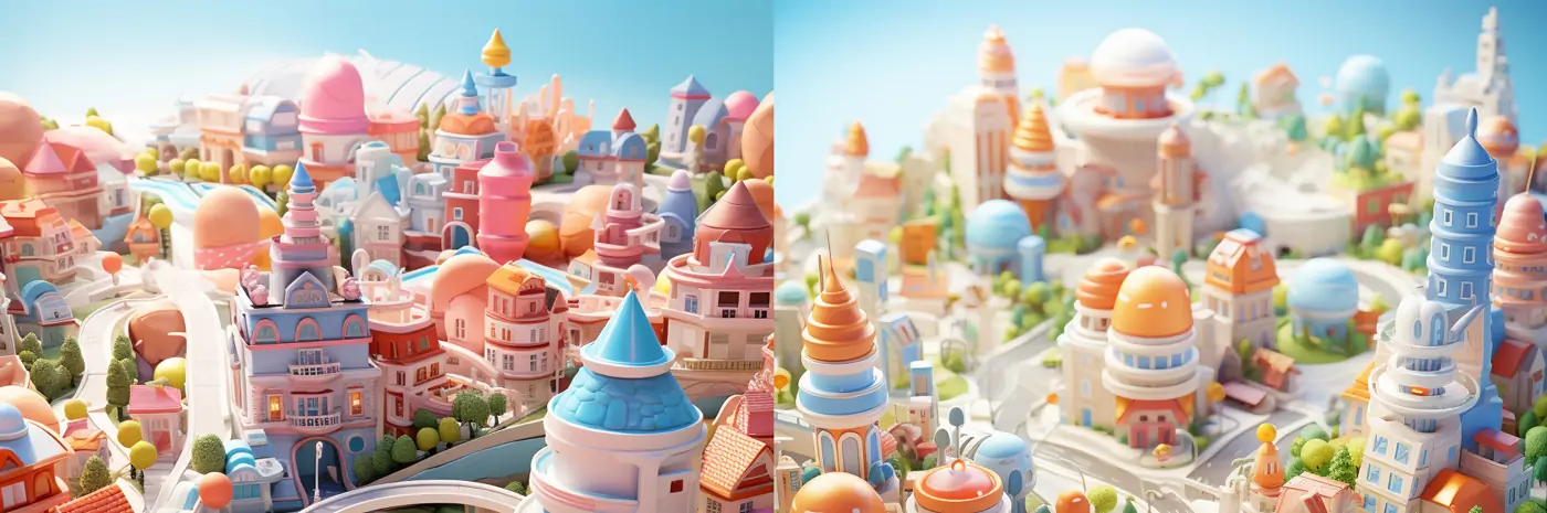 创意3D立体微观粘土世界可爱现代城市建筑街道等距插图海报midjourney关键词咒语