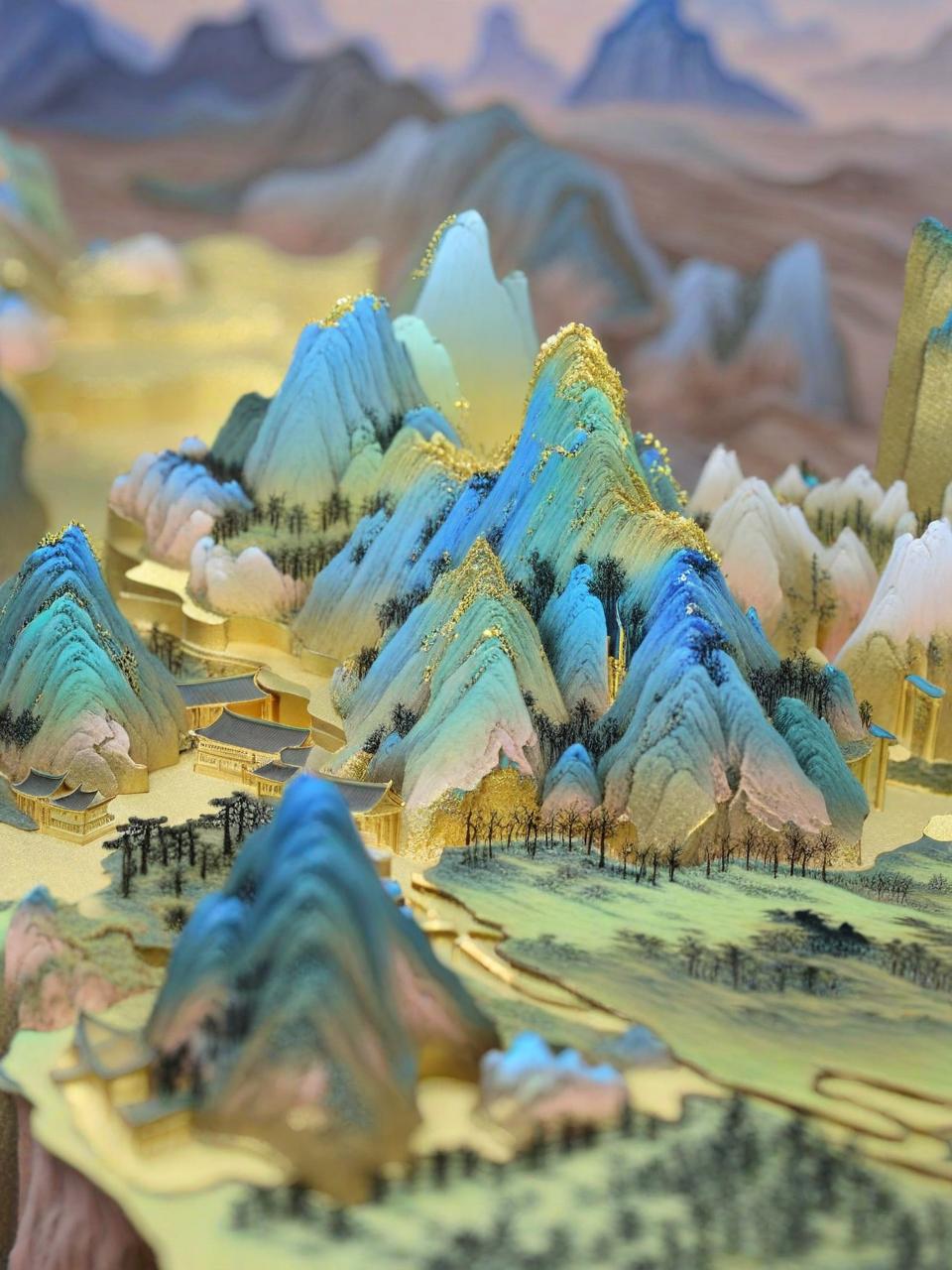 中国风立体山石画微缩模型金色沙盘古风建筑奇域ai关键词咒语-Ai宇宙吧-
