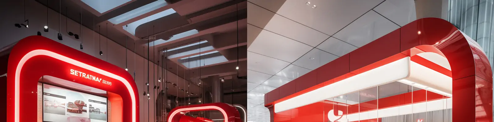 创意红色金融银行服务独特立体活动展厅场景摄影海报midjourney关键词咒语