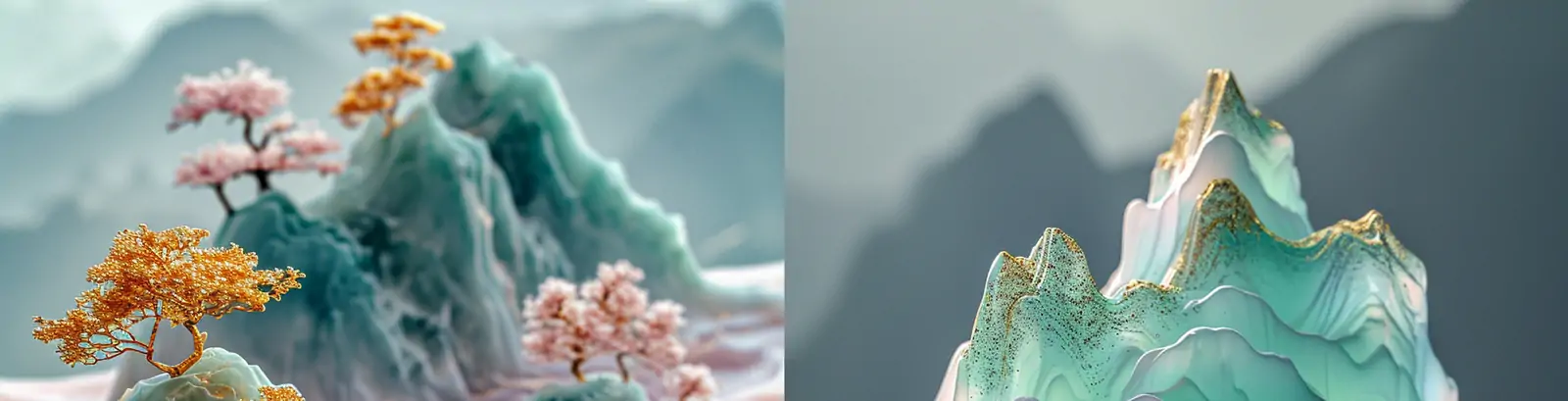 中国风玉石翡翠雕刻黄金树立体山水画自然风景场景海报midjourney关键词咒语