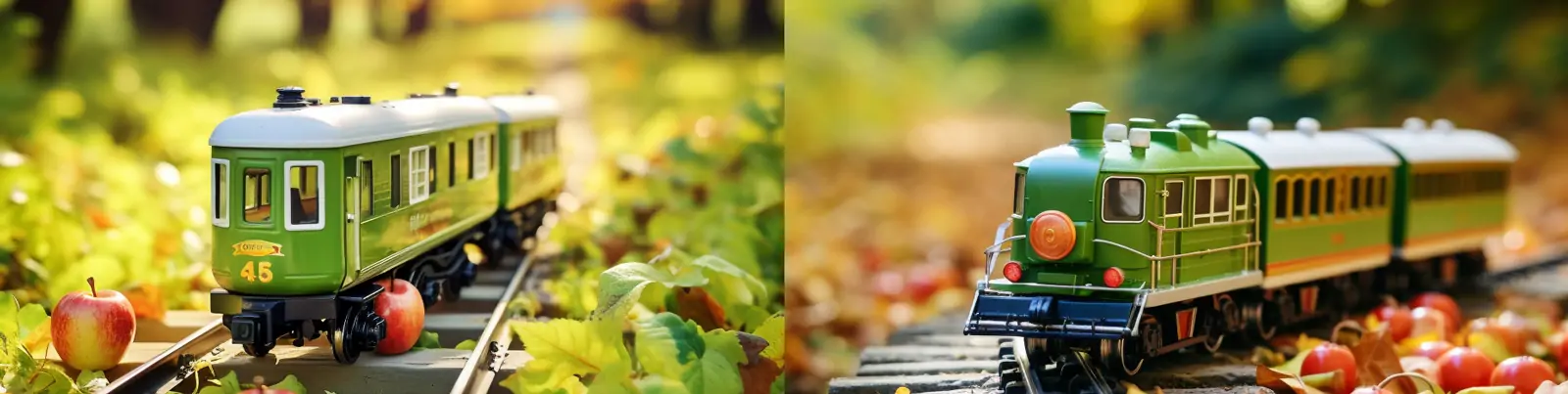 创意迷你火车秋天环绕轨道行驶模型自然风景场景产品广告摄影midjourney关键词咒语