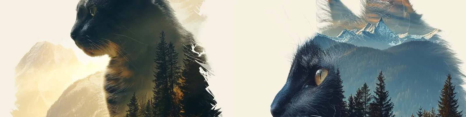 创意森林山脉猫咪双重曝光剪影艺术合成海报midjourney关键词咒语