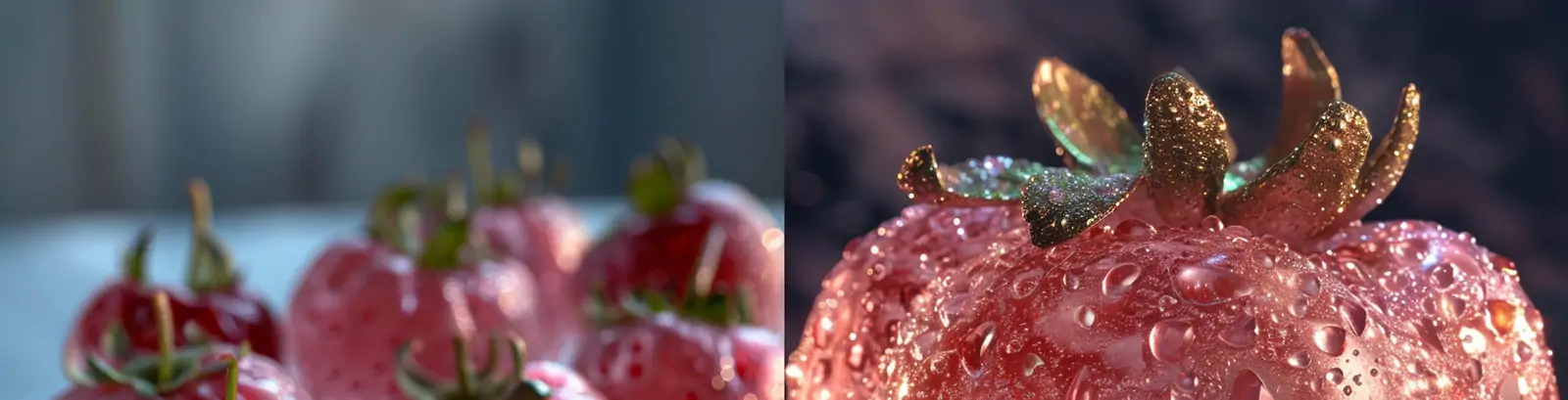 粉色半透明高清水晶玻璃草莓逼真立体模型摄影海报midjourney关键词咒语