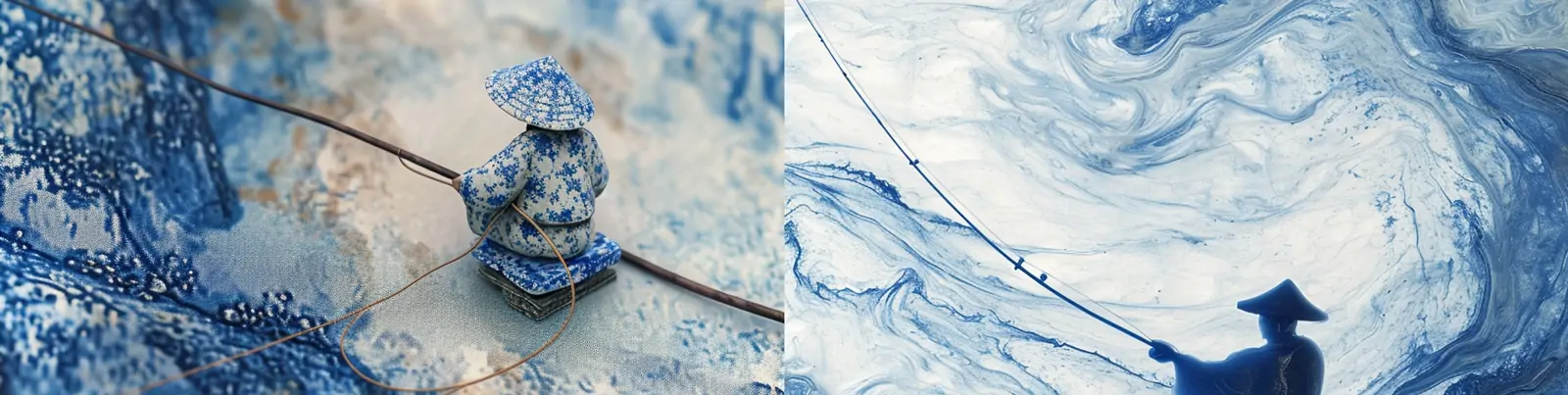 中国风古代渔翁垂钓蓝色青花瓷花纹图案艺术场景插图海报midjourney关键词咒语