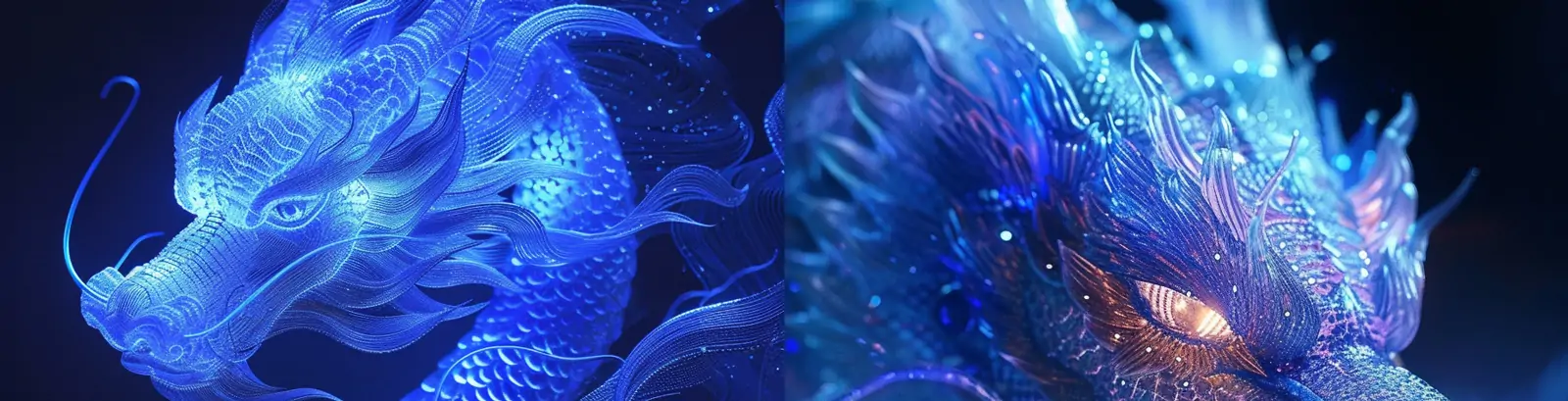 创意3D立体克莱因蓝金属线刺绣发光体动物龙头透视摄影海报midjourney关键词咒语