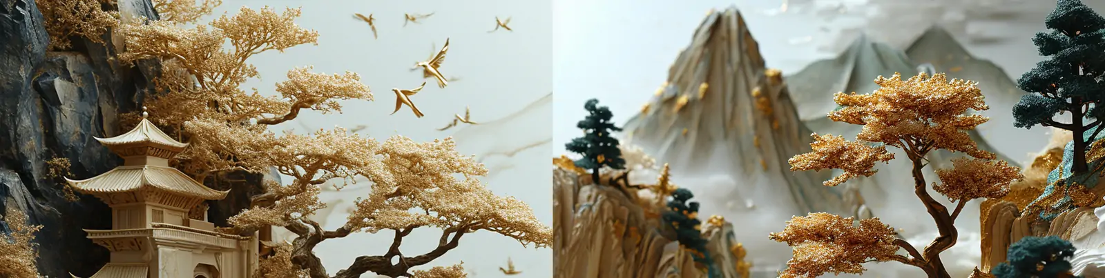 流体艺术中国风金白色亭台阁楼镀金山水风景立体模型工艺品海报midjourney关键词咒语