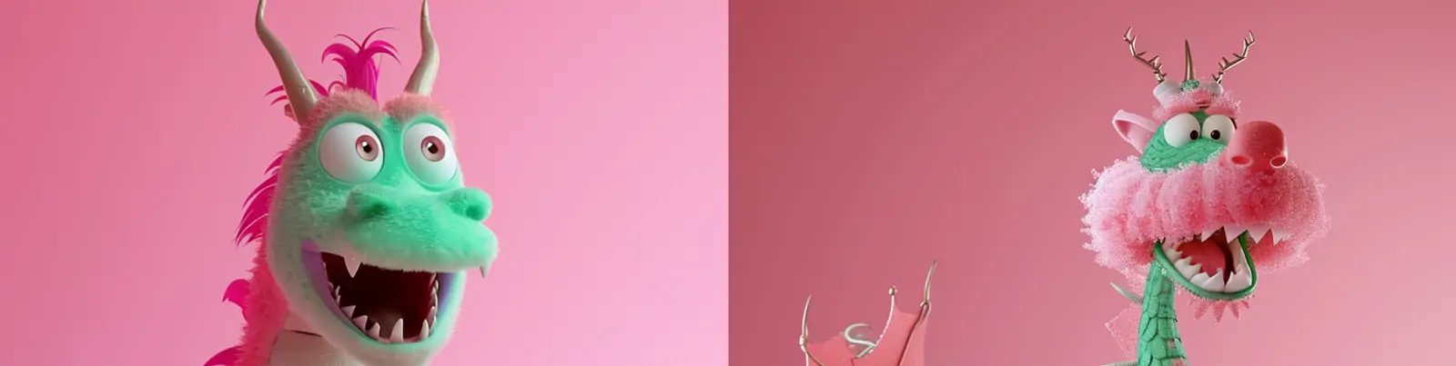 创意可爱粉色绿色恐龙动物毛绒玩具卡通形象产品广告摄影海报midjourney关键词咒语