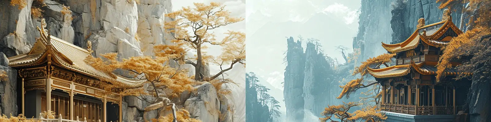 黄金镶嵌玉雕玉山金色建筑树木瀑布自然景观中国山水画场景海报midjourney关键词咒语
