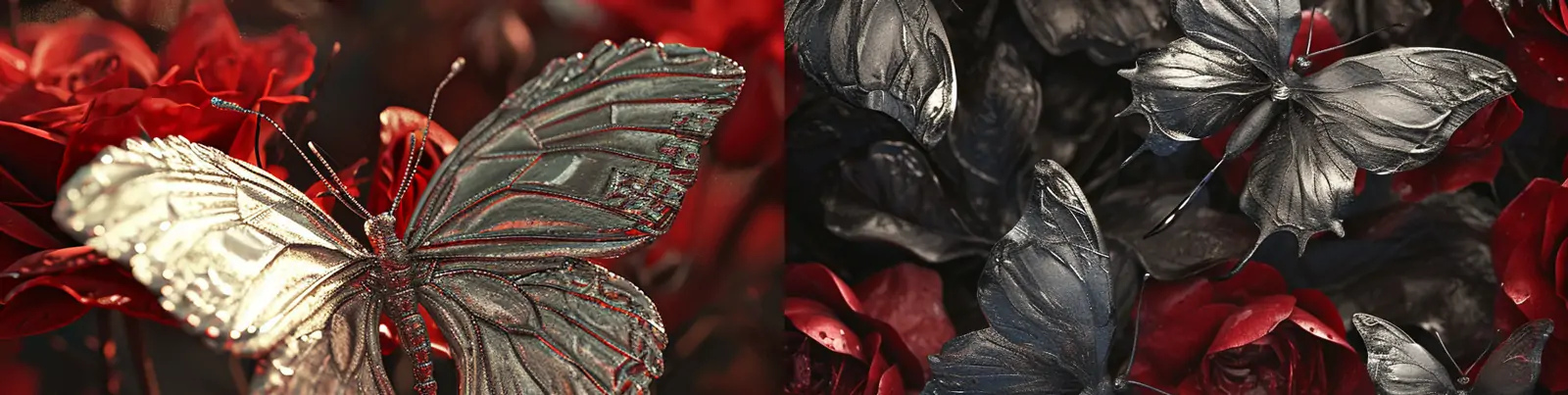 创意商业银色蝴蝶玫瑰金属工艺品特写艺术摄影海报midjourney关键词咒语