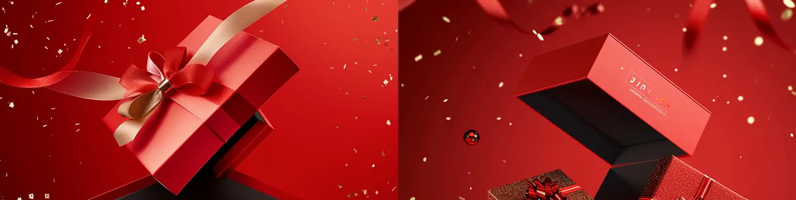 红色喜庆简约时尚精致新年节日礼盒礼物丝带悬浮惊喜盒子海报midjourney关键词咒语