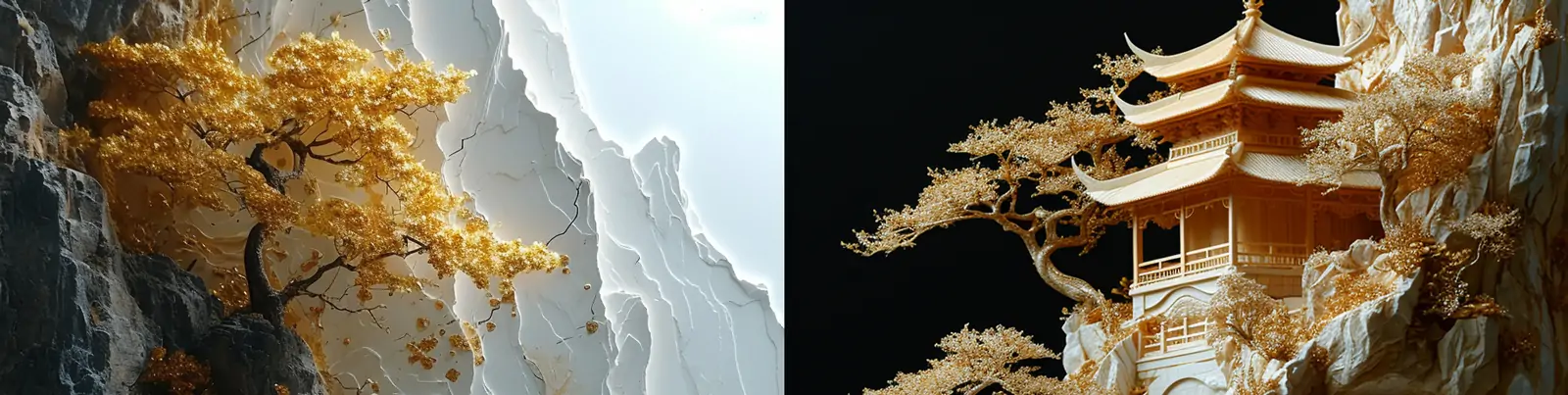 流体艺术中国风金白色亭台阁楼镀金山水风景立体模型工艺品海报midjourney关键词咒语