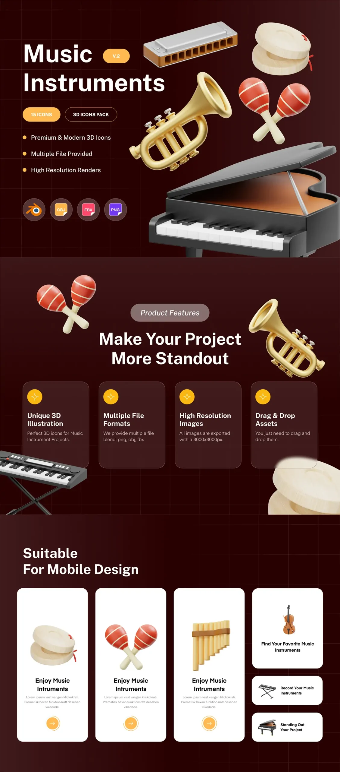 3D立体乐器音乐钢琴吉他小提琴电子琴图标插图blender设计素材模型
