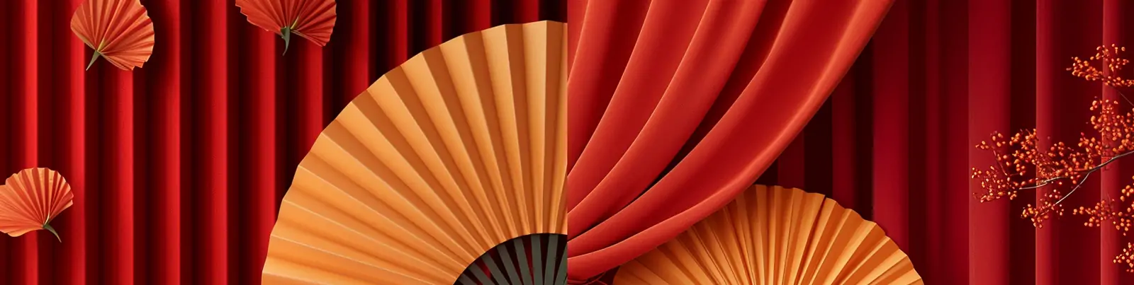 红色喜庆新年元旦春节扇子窗帘蝴蝶结电商年货节背景板素材midjourney关键词咒语