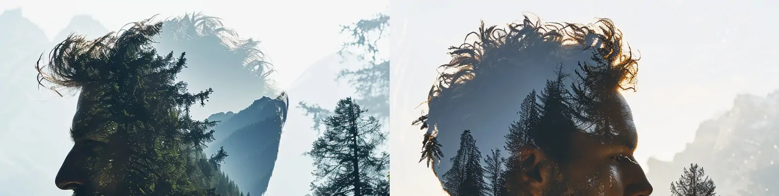 创意自然森林山脉树木植物男人双重曝光人物剪影艺术合成海报midjourney关键词咒语