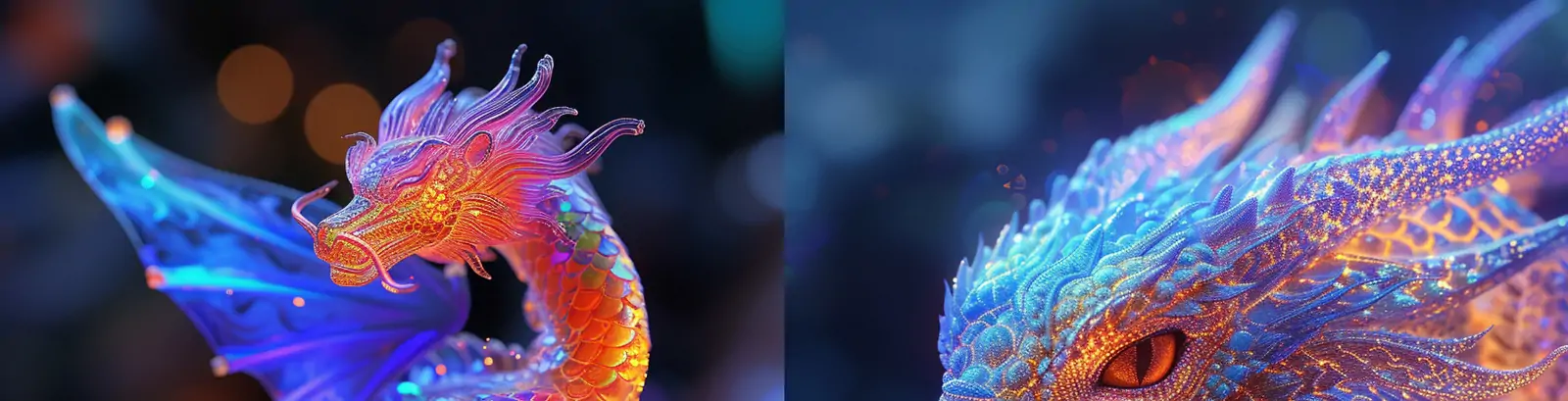 神秘3D立体克莱因蓝金属线刺绣发光体动物龙头透视艺术摄影海报midjourney关键词咒语