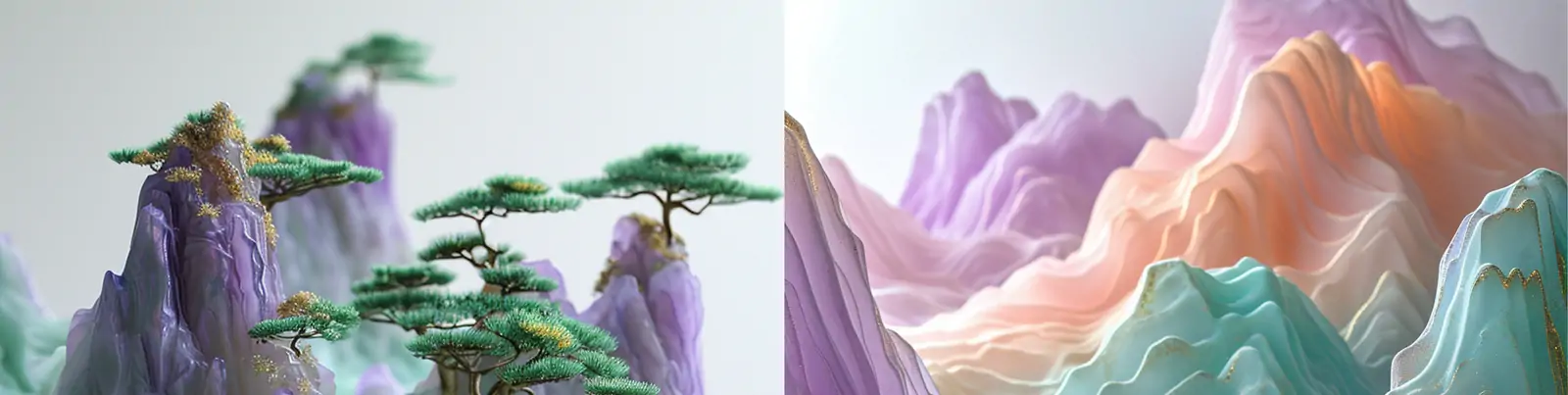 中国风玉石翡翠雕刻烫金黄金树立体山水画自然风景场景海报midjourney关键词咒语