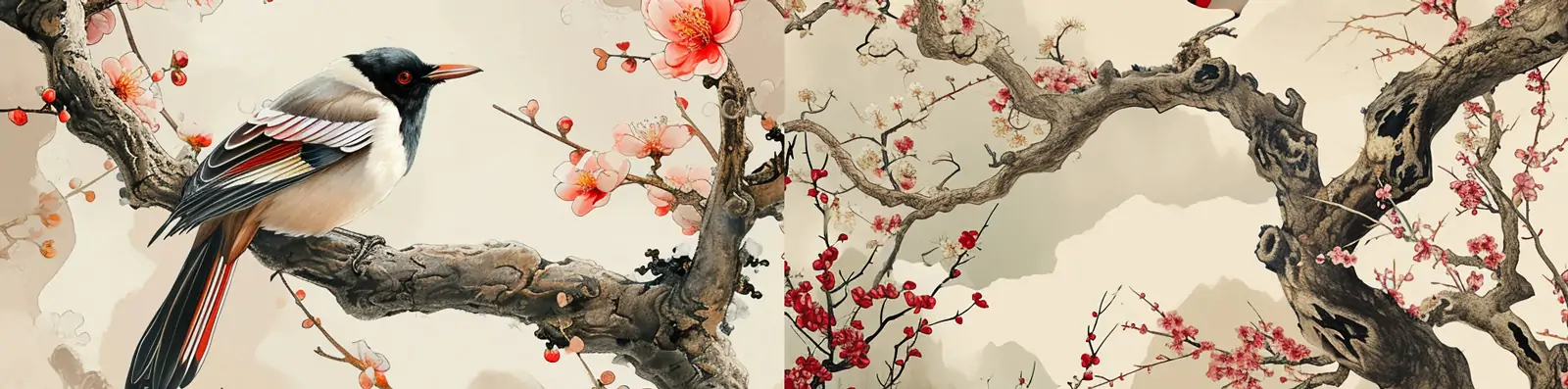 手绘梅花树盛开喜鹊丝绸薄纱刺绣祥云花纹图案壁纸海报背景midjourney关键词咒语