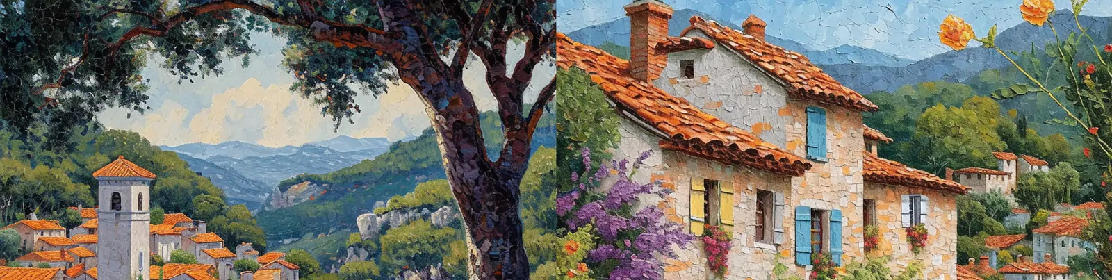 手绘浪漫法国村庄建筑弯曲小路自然鲜花场景插图绘画海报midjourney关键词咒语