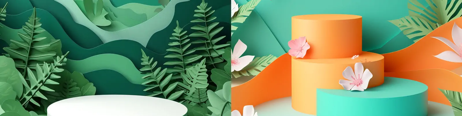 创意热带植物自然几何形状剪纸艺术展台海报背景midjourney关键词咒语