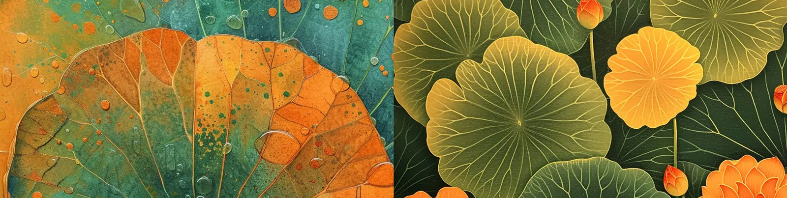 手绘逼真彩色橙色绿色荷叶图案艺术插图绘画海报midjourney关键词咒语