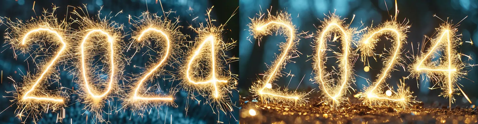 创意2024文字金色烟花光效仙女棒延时摄影颗粒感场景海报背景midjourney关键词咒语