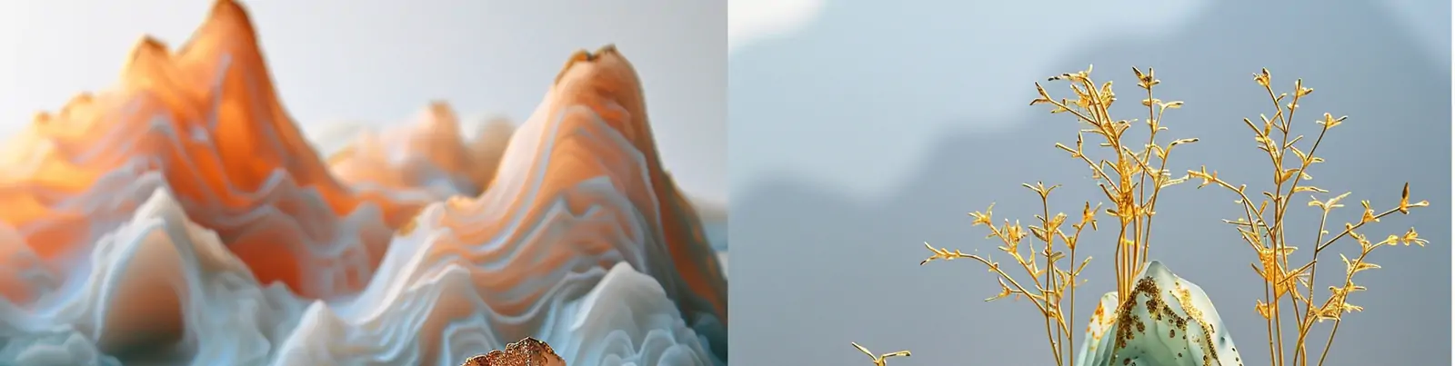 中国风半透明玉石翡翠雕刻烫金黄金树立体山水画自然风景场景海报midjourney关键词咒语