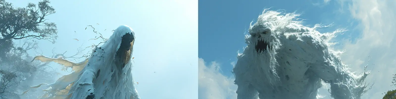 恐怖白色半透明日本怪物怪兽艺术风格人物摄影海报midjourney关键词咒语