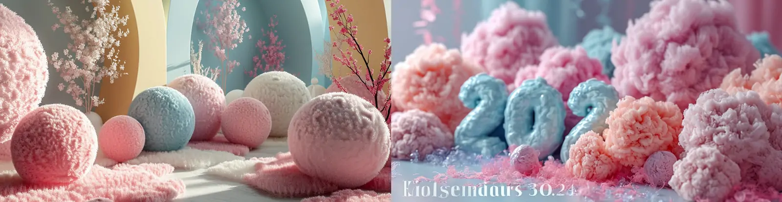 创意彩色珊瑚蓬松毛绒2024文字C4D立体模型艺术场景海报背景midjourney关键词咒语