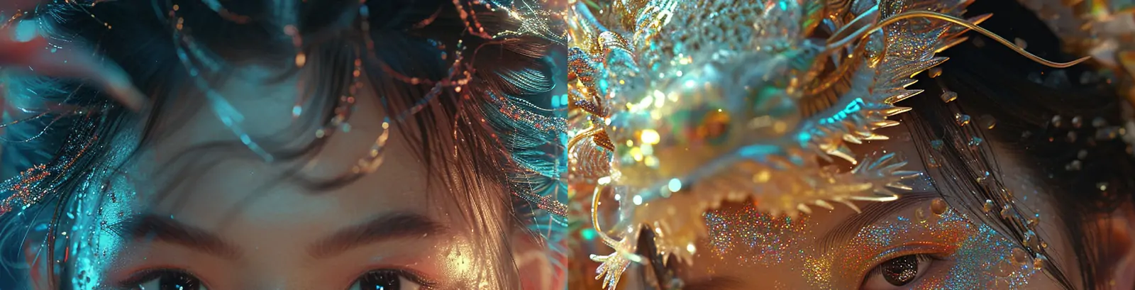 创意中国风彩虹龙华丽汉服女孩装扮特写艺术摄影海报midjourney关键词咒语