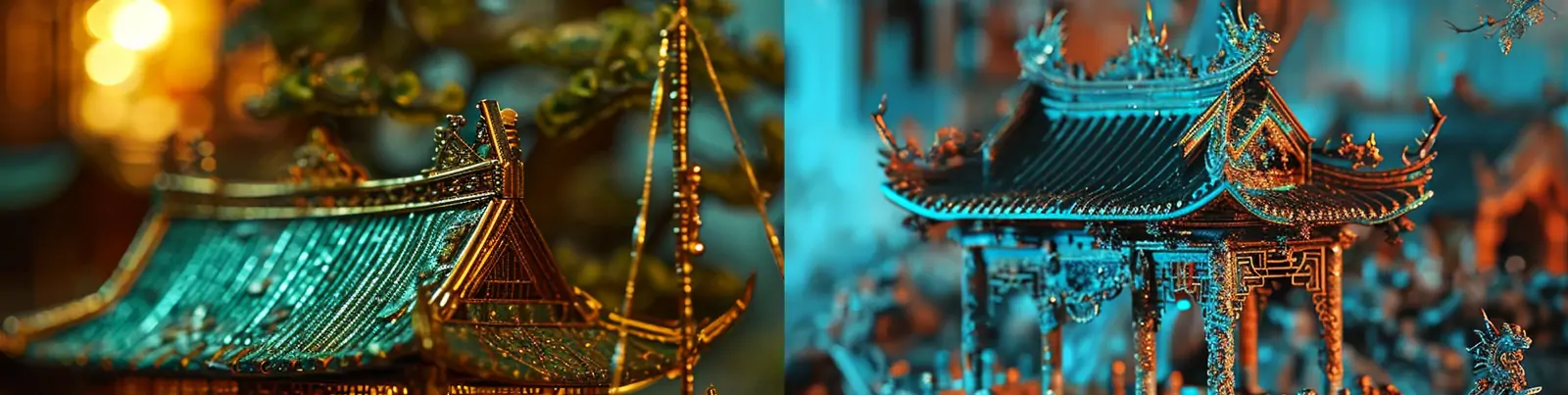 创意金属船只阁楼建筑透明玻璃玉雕琉璃镀金轮廓微型景观模型midjourney关键词咒语