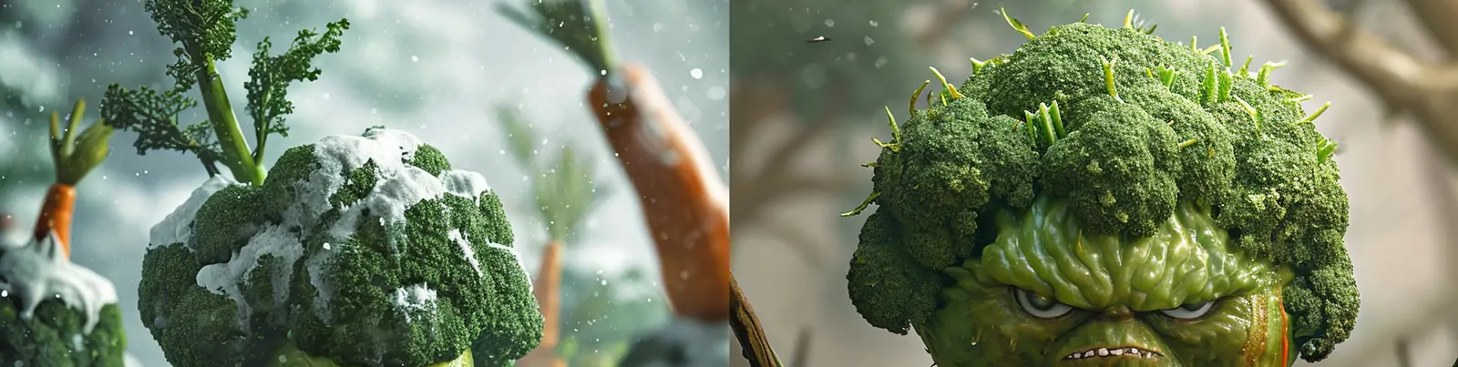 创意未来科幻主义拟人化胡萝卜西蓝花战斗场景摄影海报midjourney关键词咒语