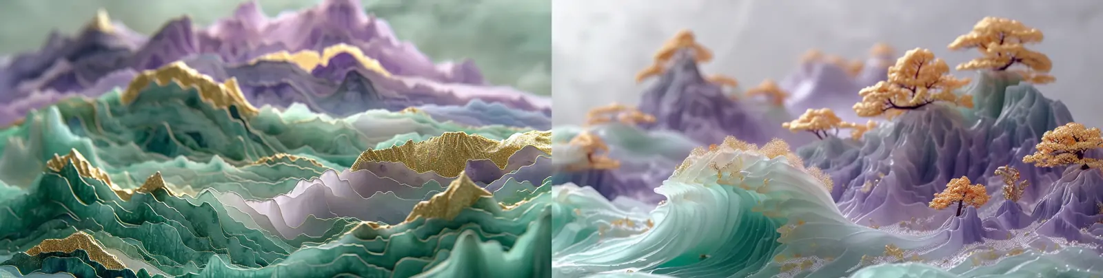 中国风古典烫金艺术山脉风景植物祖母绿宝石半透明波浪雕塑模型midjourney关键词咒语