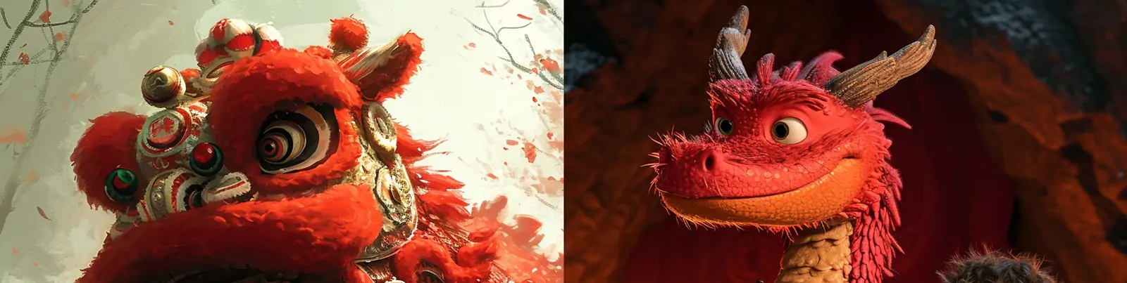 中国风红色喜庆2024龙年新年元旦春节男孩庆祝舞狮皮克斯风格海报midjourney关键词咒语