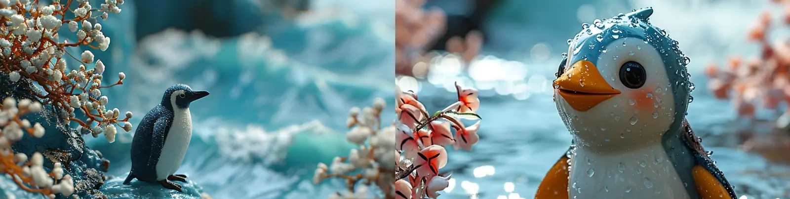 蓝色波浪岛屿可爱企鹅水中游泳粘土动画盲盒海报midjourney关键词咒语