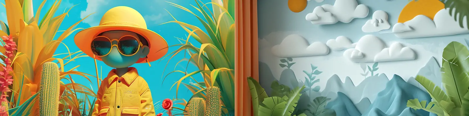 3D立体生动儿童彩色童真植物玩具场景电商广告海报背景midjourney关键词咒语