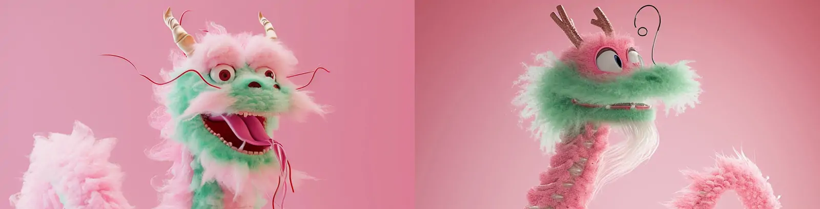 创意可爱粉色绿色恐龙动物毛绒玩具卡通形象产品广告摄影海报midjourney关键词咒语