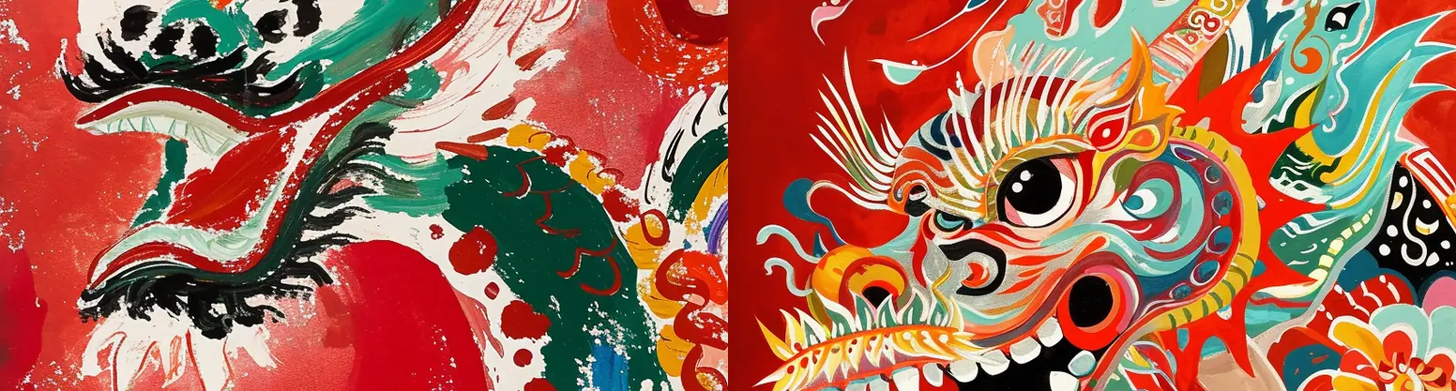 手绘可爱卡通中国龙红色新年春节简单线条艺术插图海报midjourney关键词咒语