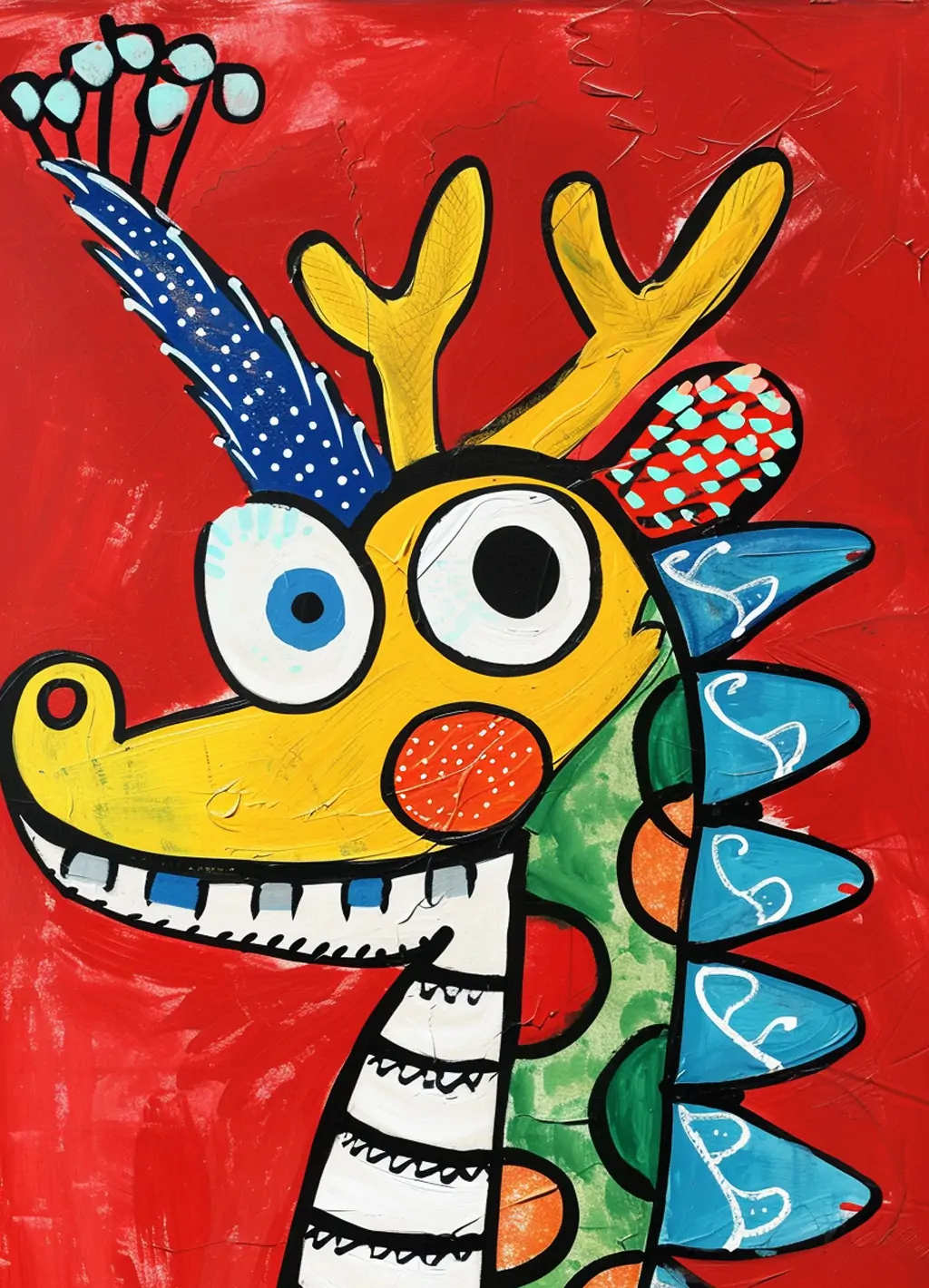 手绘可爱卡通中国龙红色新年春节简单线条艺术插图海报midjourney关键词咒语-Ai宇宙吧-