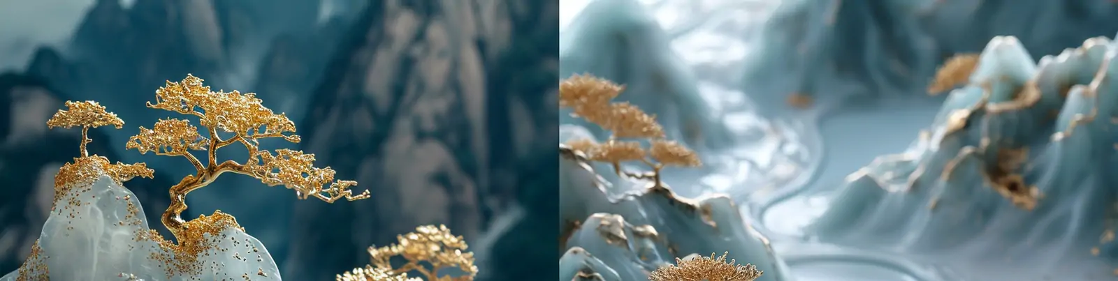 中国风唐朝山脉自然山水画金色植物波浪景观艺术模型海报midjourney关键词咒语