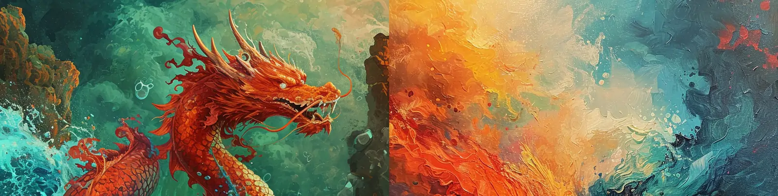 手绘中国风红龙迷幻彩色波浪想象力空间画布纹理图案飞溅海报背景midjourney关键词咒语